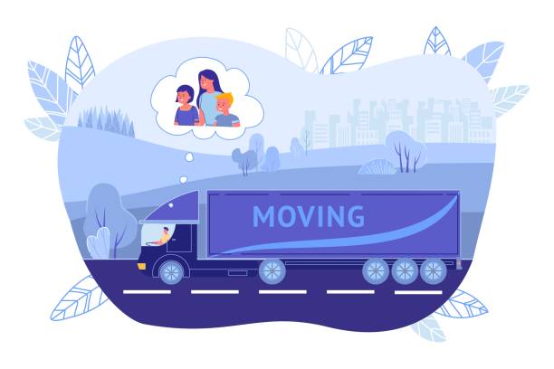 Truck with Truck Driver Rides along Highway, Slide Truck with Truck Driver Rides along Highway, Slide. City is Far Away in Fog, Wagon with Load is Traveling Along Highway. Trucker is Thinking about Family with Children Left at Home. truck driver stock illustrations