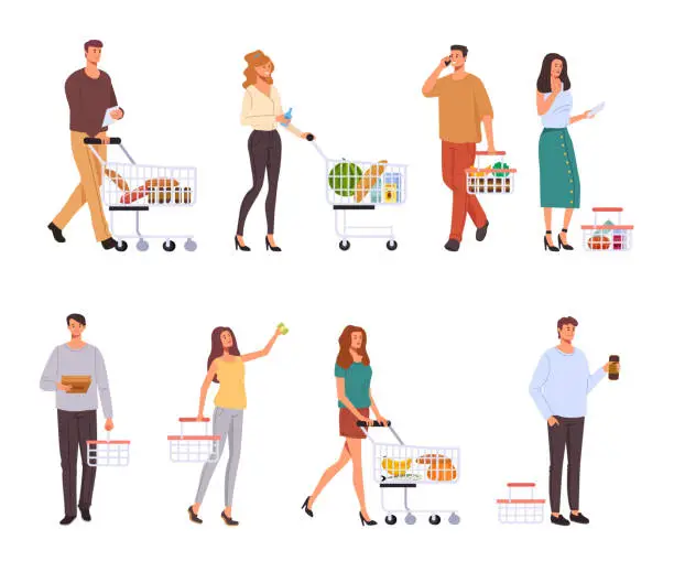 Vector illustration of People character buying food in supermarket isolated set. Vector graphic design concept