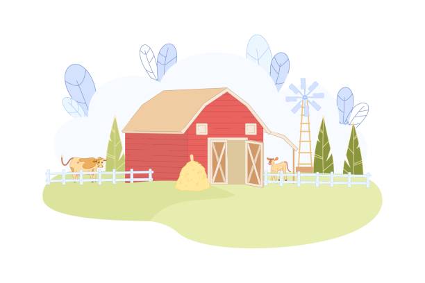 Animal Farm with Red Barn Windmill Cow and Calf Animal Farm with Red Barn and Windmill Vector Illustration. Cow Calf in Corral Eat Hay. Cattle Graze Green Grass. Alternative Wind Electric Energy. Meat Livestock Farming. Dairy Milk Product Business herd of cows stock illustrations