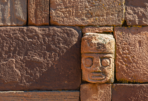 Close up of a Carved Stone Head in the Semi Subterranean Courtyard Temple of Tiwanaku (Tiahuanaco), La Paz, Bolivia.