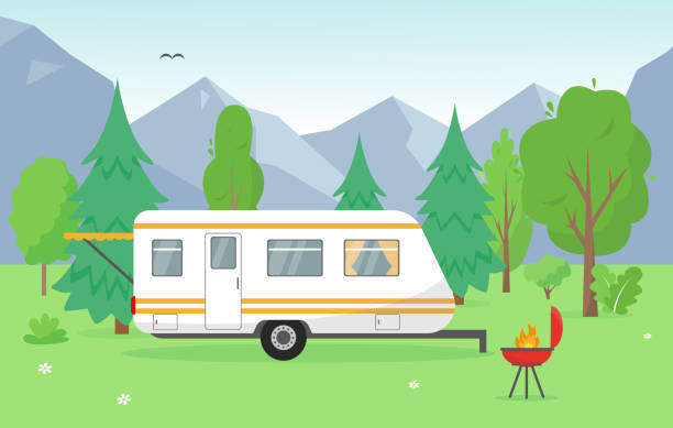 illustrations, cliparts, dessins animés et icônes de remorque de camping près des montagnes. paysage d’été ou de printemps avec maison mobile de voyage et barbecue. illustration de concept de fond de vecteur. - motor home camping mobile home vehicle trailer