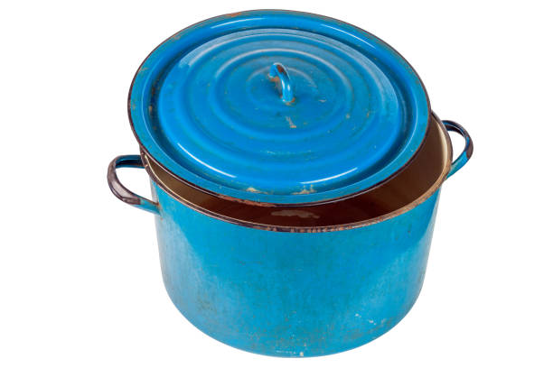 istock old large ajar enameled blue pot with cover isolated on white background 1219799897