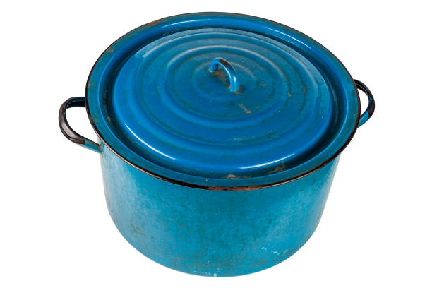 istock old large enameled blue pot with cover isolated on white background 1219799906