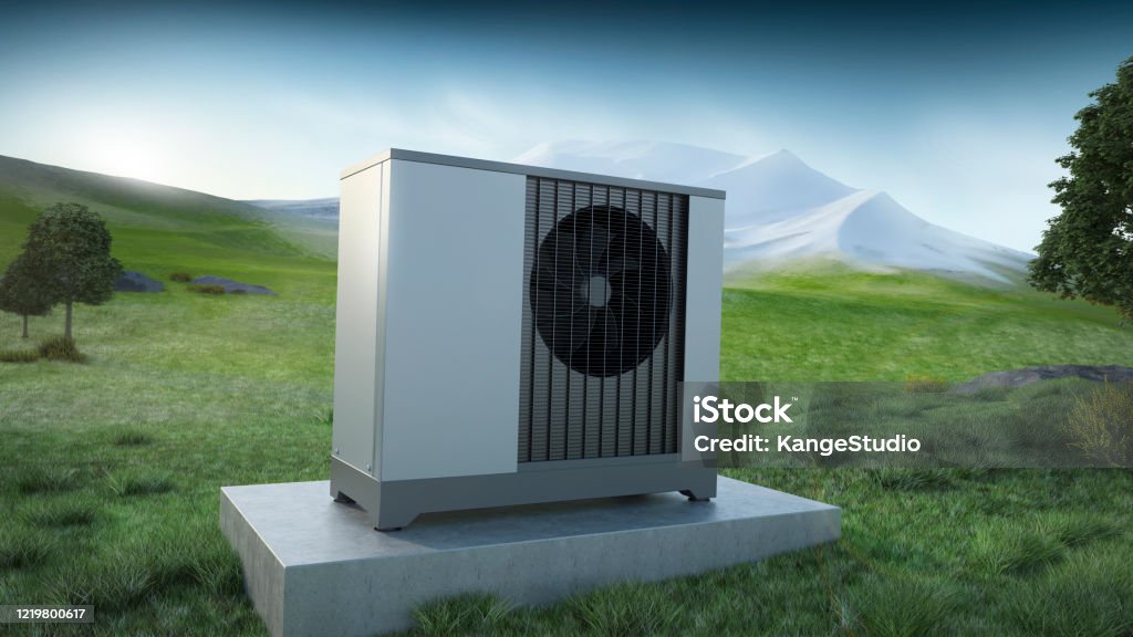 Luftwärmepumpe und Landschaftsberg - Lizenzfrei Wärme Stock-Foto
