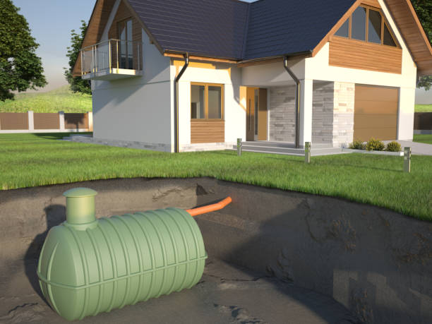 undenground septiktank och hus - 3d illustration - toxic water bildbanksfoton och bilder