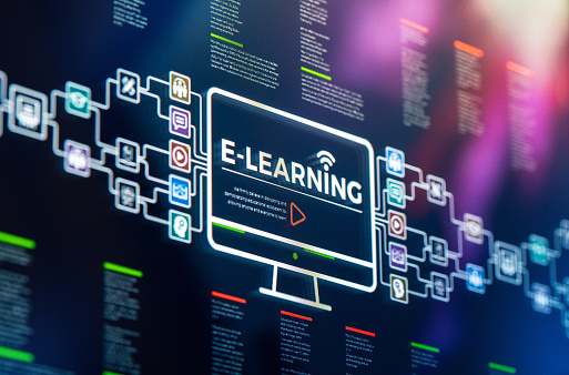 E-Learning presentation and infographics. Close-up shot on LCD screen.