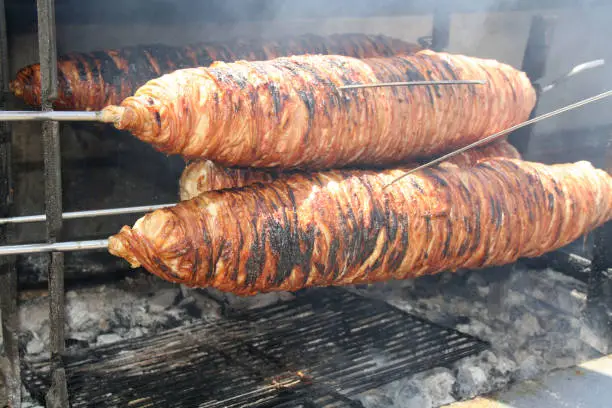 Turkish Street Food Kokorec made with sheep bowel cooked in wood fired oven