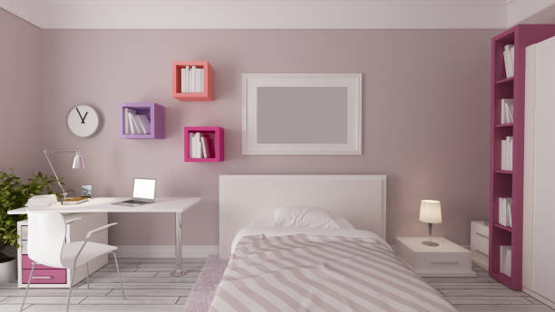 ragazza camera da letto design idea realistica 3d rendering - domestic room child furniture nobody foto e immagini stock
