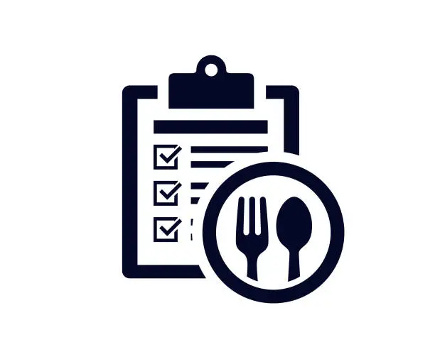Vector illustration of Document list with tick check marks on clipboard with fork and tablespoon utensils - vector