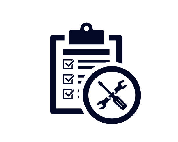 Document list with tick check marks on clipboard with a wrench and screwdriver - vector Wrench and screwdriver and document list with tick check marks on clipboard vector illustration jobs clipart stock illustrations