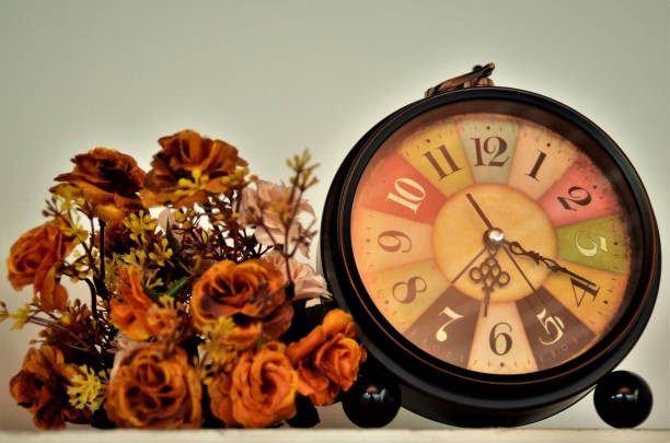 istock Decorative flower and watch upon cabinet 1219809283