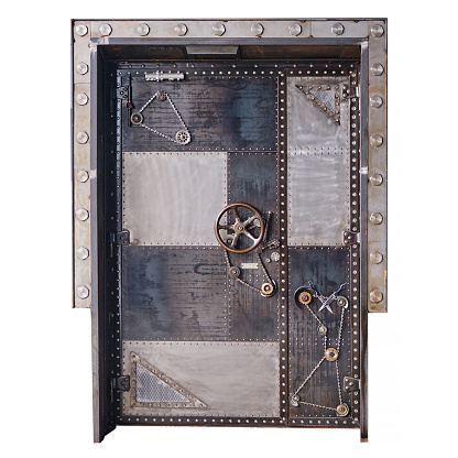 Metal door in the style of steam punk, isolate on a white background