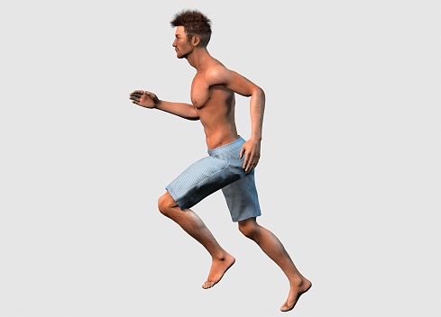 3D isolated male model. A man in shorts is running. The male character is running. 3d illustration