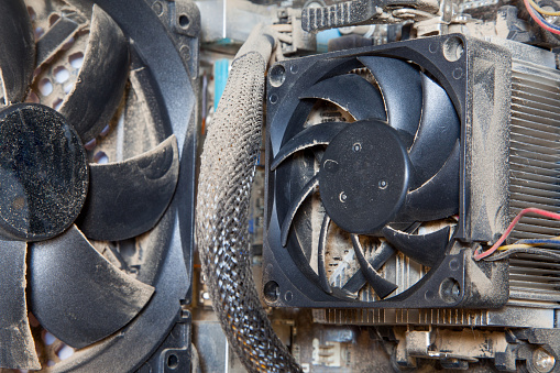 dust in the cooling system of a desktop computer
