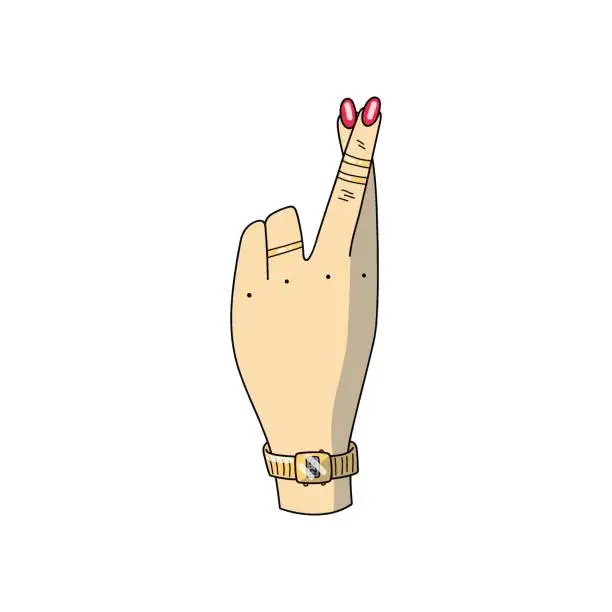 Vector illustration of Fingers crossed. Cross fingers. Hand gesture.Woman`s hand with a red manicure, gold rings fnd gold watch showing crossed fingers. Vector illustration.