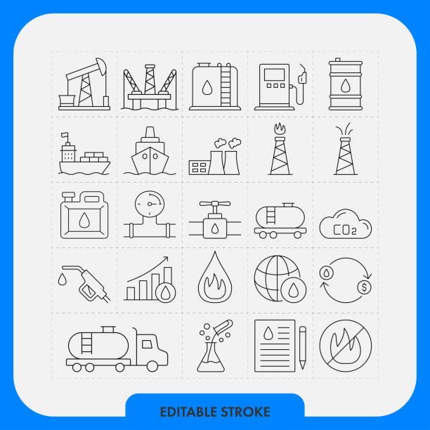 ilustraciones, imágenes clip art, dibujos animados e iconos de stock de power and heavy industry line icon set. trazo editable - valve air valve oil field oil