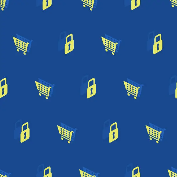 Vector illustration of Seamless isometric style pattern on the theme of safe shopping with the image of yellow food and lock carts on a blue background. Easy to edit, repaint, separate background.