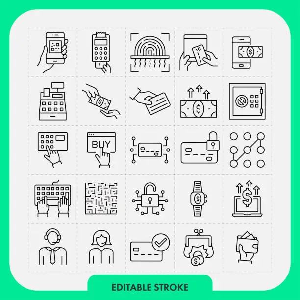 Vector illustration of Payment methods line icon set. Editable Stroke