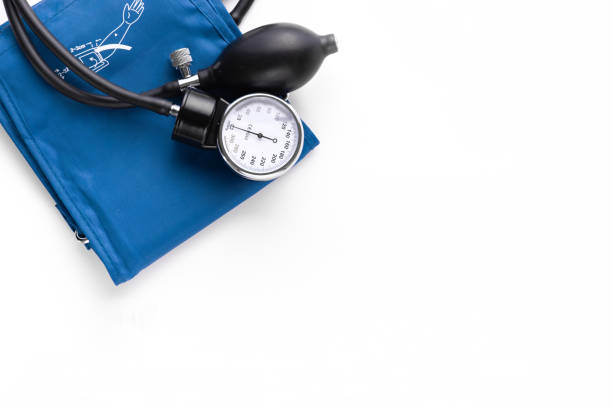 istock Device for measuring blood pressure. Tonometer, cuff, stethoscope on a white background. Top view. The place to insert the text. Copy-space 1219818913