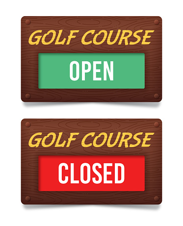 Golf course open and closed wooden retro signs.