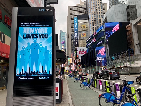 A message on a screen in Times Square shows gratitude to medical workers during the coronavirus pandemic in New York City.