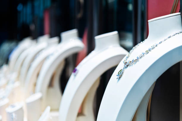 Beautiful necklaces on jewelry store.