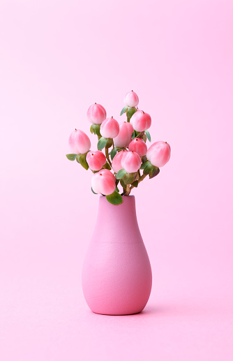 Pink flower bouquet in a pink vase with pink background.