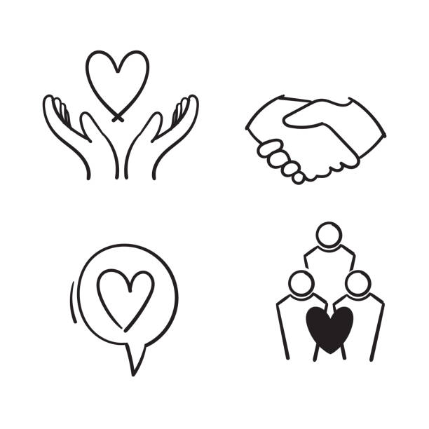 ilustrações, clipart, desenhos animados e ícones de mão desenhada amizade e ícones da linha de amor. interação, entendimento mútuo e negócios de assistência. aperto de mão, ícones de responsabilidade social. doodle - assistance unity care people