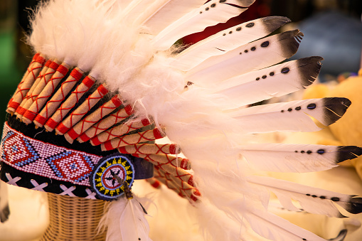 Traditional Indian headdress with white feathers and beautiful embroidery.