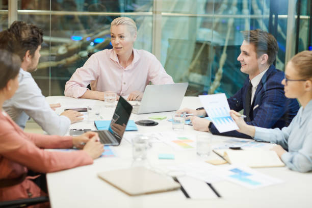 istock Female leader with her team at meeting 1219834605