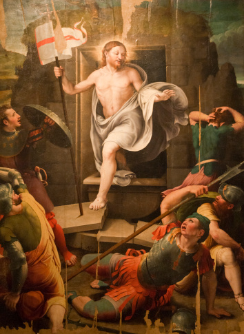 Sansepolcro (Arezzo, Tuscany, Italy) - Resurrection of Christ, fresco in the Cathedral made by Raffaellino del Colle, a Raffaello Sanzio's pupil, in the 16th century (Renaissance era), in manneristic style. Public domain artwork.