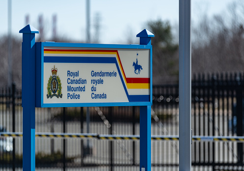 April 29, 2020 - Dartmouth, Canada - Street level signage for the Royal Canadian Mounted Police (RCMP) Headquarters located in Burnside Industrial Park.