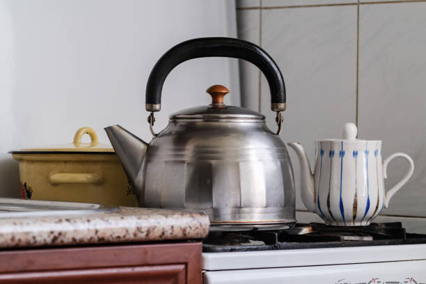 istock Kettle and pot on a gas stove, tea brewing 1219839435