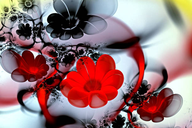 Abstract fractal glowing 3d flowers. Multi-colored fractal painting on a light background, magic flower bed