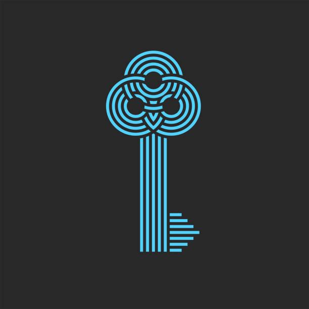 Vintage key logo patterned monogram from interweaving of blue thin lines, home symbolic sign in Celtic style Vintage key logo patterned monogram from interweaving of blue thin lines, home symbolic sign in Celtic style key illustrations stock illustrations