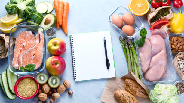 Healthy diet eating plan. Meal planning. Healthy diet eating plan. Meal planning. Slimming and weigh loss concept. Top view. Flat lay Nutrition Week  stock pictures, royalty-free photos & images