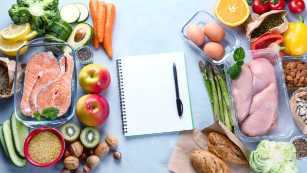 Healthy diet eating plan. Meal planning. Healthy diet eating plan. Meal planning. Slimming and weigh loss concept. Top view. Flat lay Nutrition Week stock pictures, royalty-free photos & images