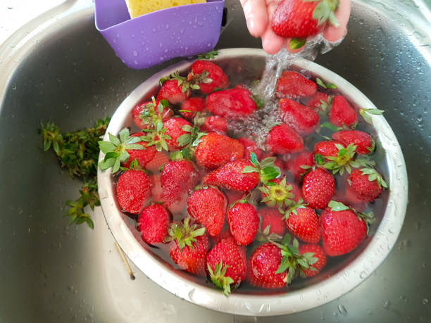 waschen erdbeeren in einer schüssel frisch rot reifen helthy waschen - washing fruit preparing food strawberry stock-fotos und bilder