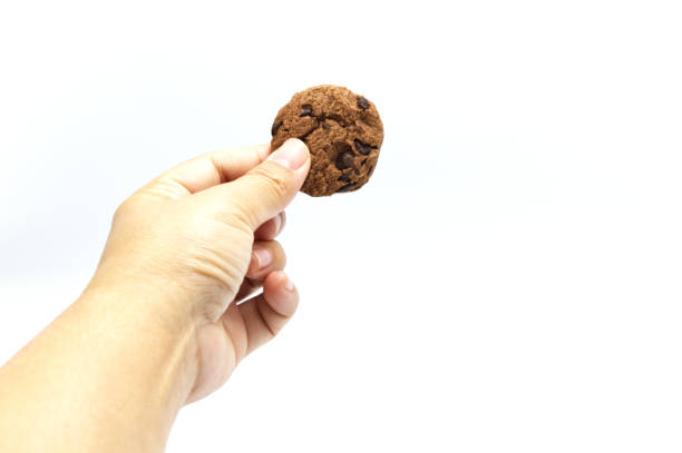 istock Hand holding cookie with chocolate chip isolated on white background and copy space. 1219844051