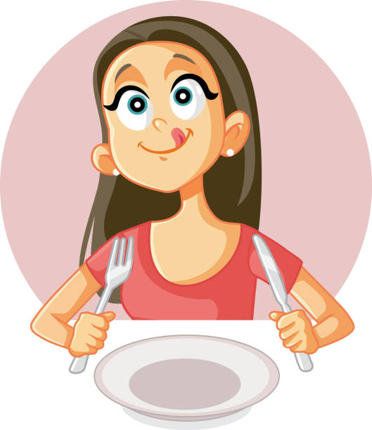 illustrations, cliparts, dessins animés et icônes de drôle foodie girl craving un bon repas dans un restaurant - restaurant dinner dining gourmet