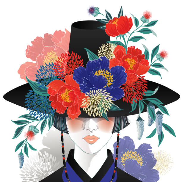 Vector illustration of a girl wearing a Gat, Korean traditional hat decorating with flowers. Design for picture frame, poster, greeting card, and invitation korean culture stock illustrations