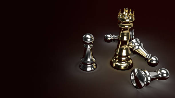 istock gold king chess and silver Pawn in dark tone 3d rendering for business content. 1219846015