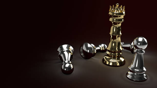 istock gold king chess and silver Pawn in dark tone 3d rendering for business content. 1219846046