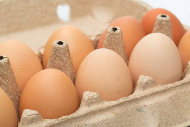 istock brown chicken eggs in an open cardboard box with eggs. Fresh chicken eggs background. close-up 1219847767