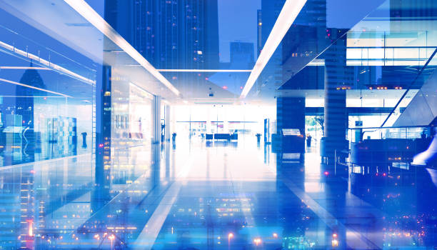 istock Empty shopping center or building entrance, Dubai cityscape reflection 1219847770