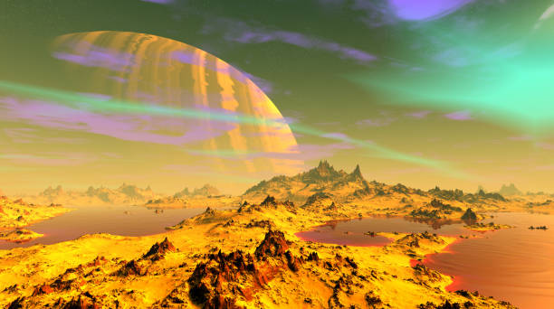 istock Alien Planet. Mountain and lake. 3D rendering 1219848267