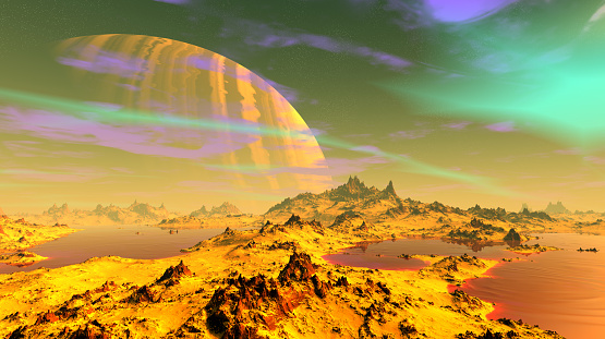Fantasy alien planet. Mountain and lake. 3D illustration