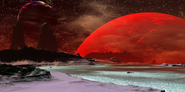Alien Planet. Mountain and lake. 3D rendering stock photo