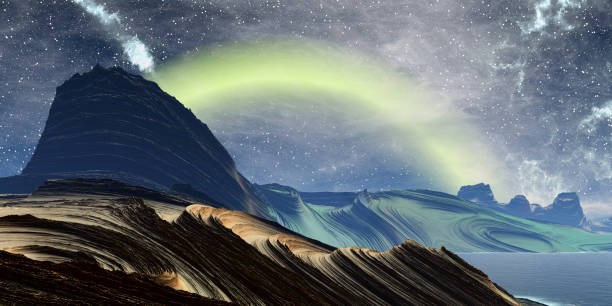 istock Alien Planet. Mountain and lake. 3D rendering 1219848940