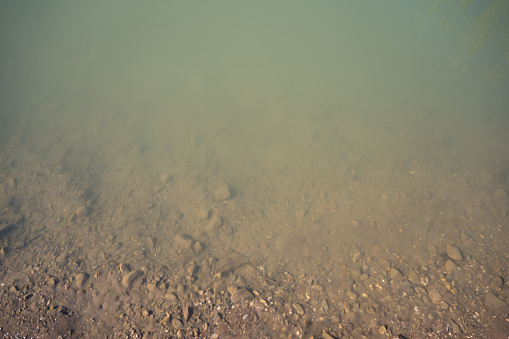 Stone bottom of the river, lake with muddy greenish water. Background.